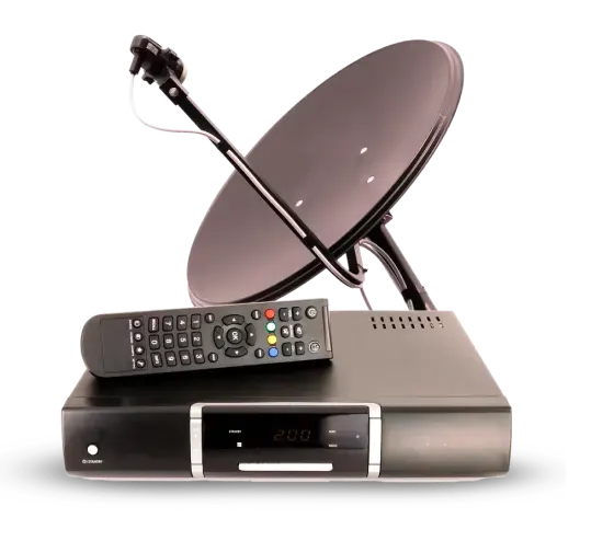 settalite dish with it's remote and hd channel device