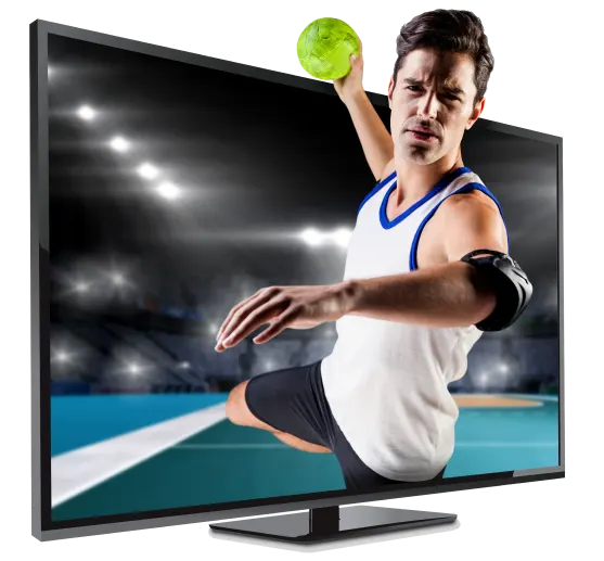 Athlete man throwing a ball from a tv screen