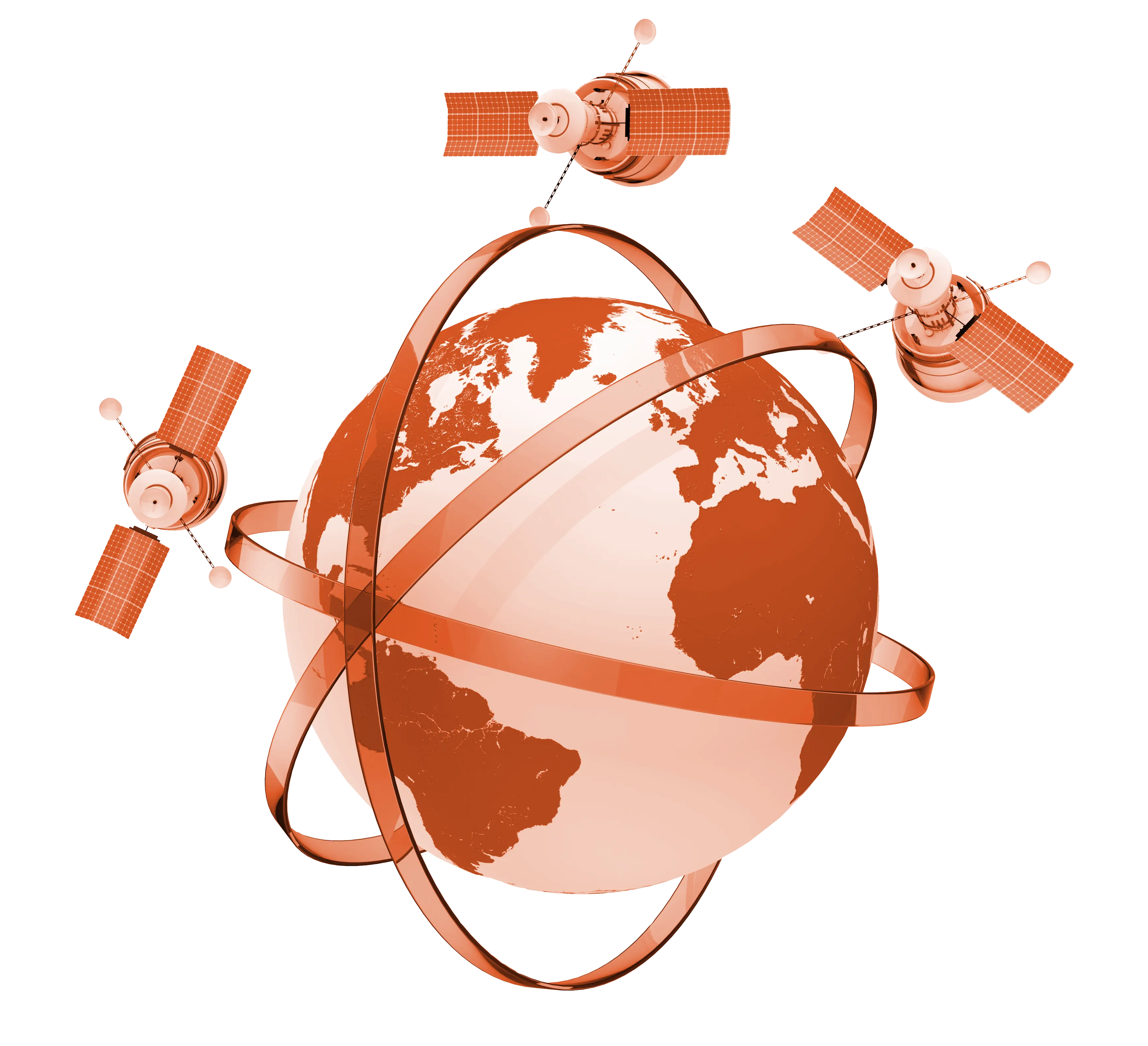 A globe with three satellites orbiting around it, floating in space