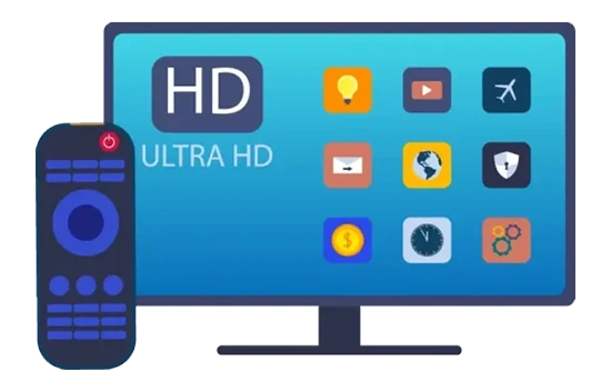 a tv showing ultra hd channels with it's remote
